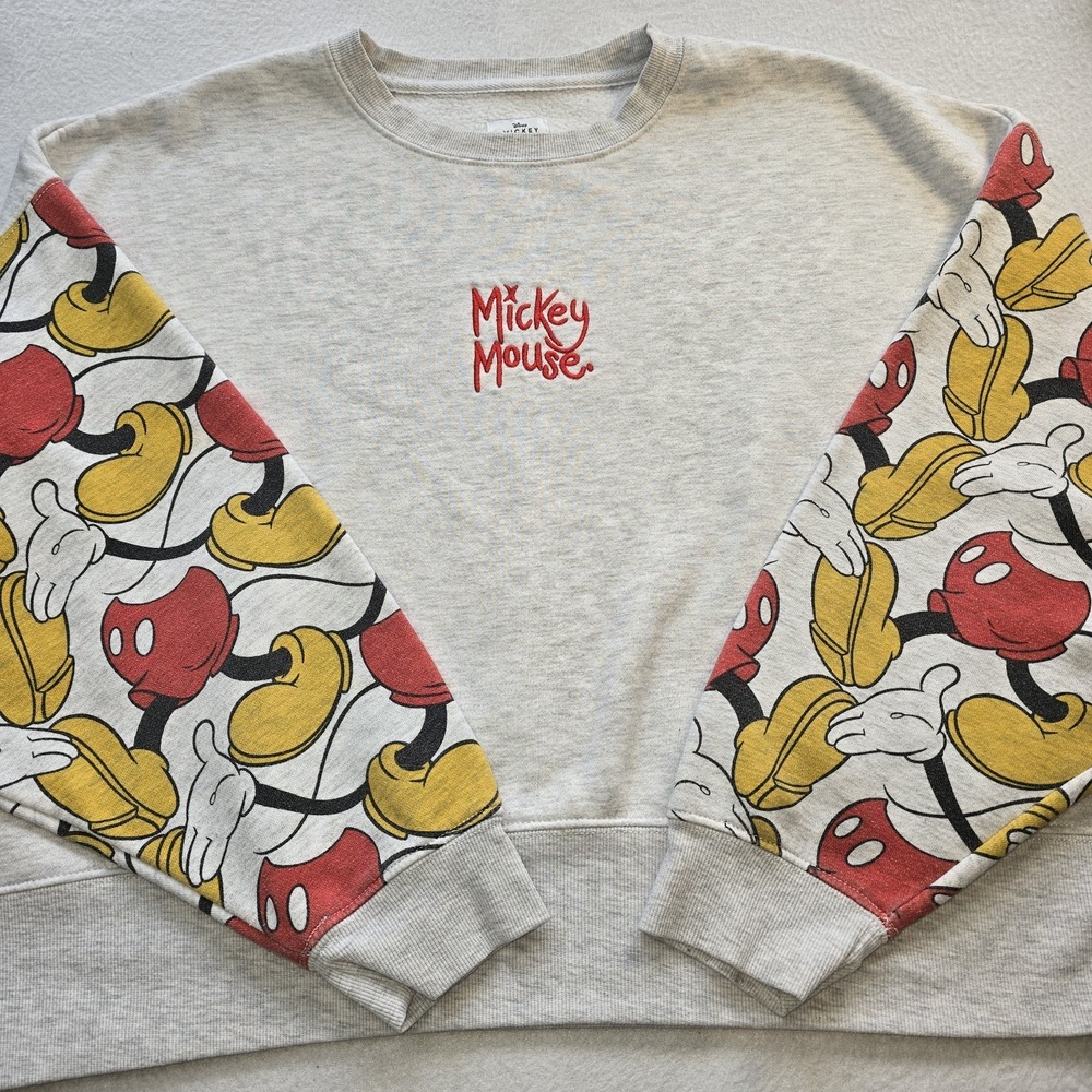 Disney x Primark Mickey Mouse Cropped Sweatshirt L Grey Embroidered Sleeve Print